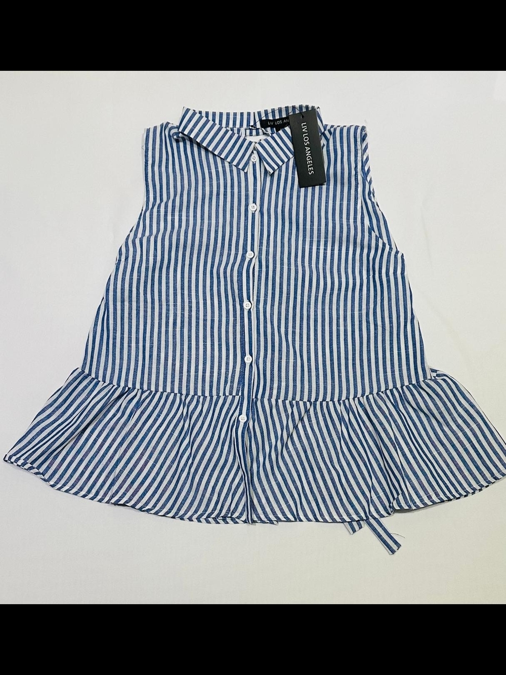 LIV los Angeles Women's Blue & White Striped Open Back Peplum Blouse NWT